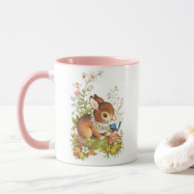 Cute Vintage Spring Easter Bunny In Flowers Mug (With Donut)