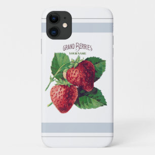 Cute Vintage Strawberry Berry Fruit Add Your Name iPhone 11 Case