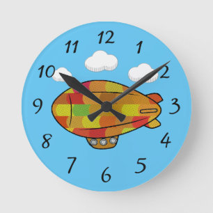 Cute Vintage Style Blimp Balloon Drawing Round Clock
