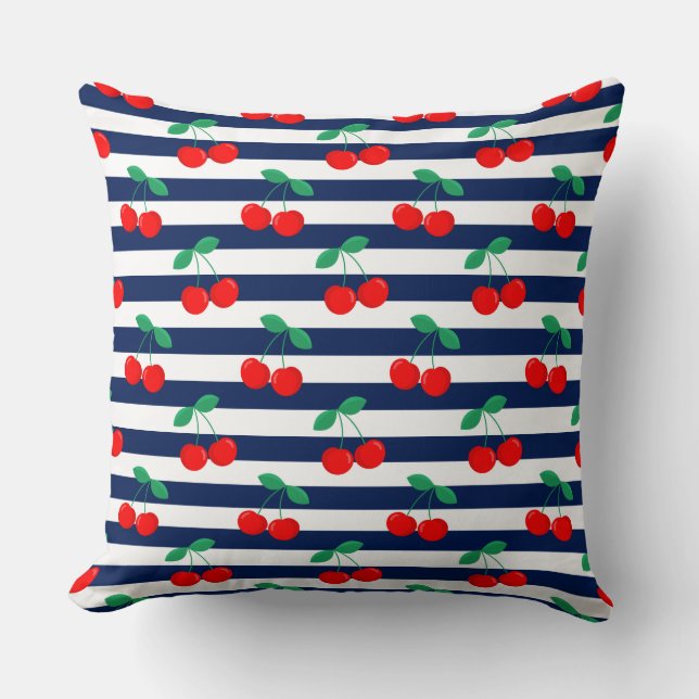 Cute Vintage Summer Cherries and Stripes Throw Pillow (Front)