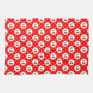 Cute Vintage Summer Cherries on Bright Red Kitchen Towel