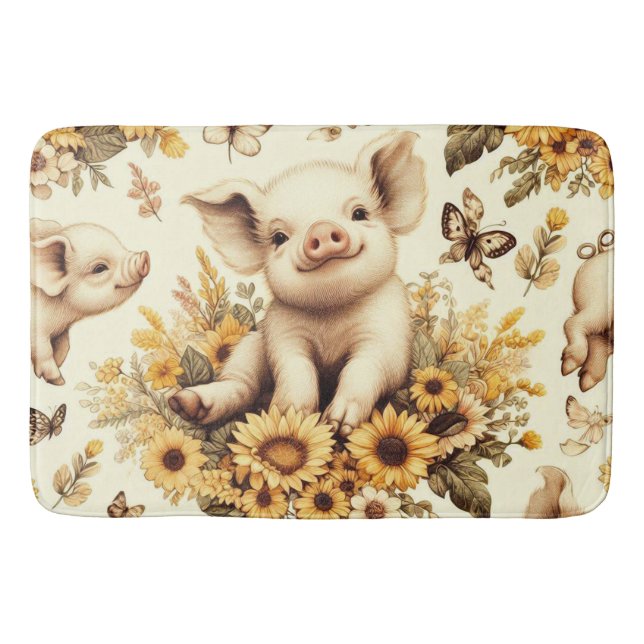 Cute Vintage Sunflower Pig Pattern Bath Mat (Front)
