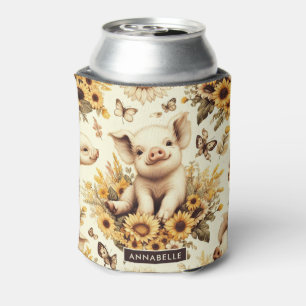 Cute Vintage Sunflower Pig Pattern Can Cooler