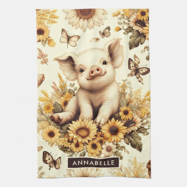 Cute Vintage Sunflower Pig Pattern Kitchen Towel (Vertical)