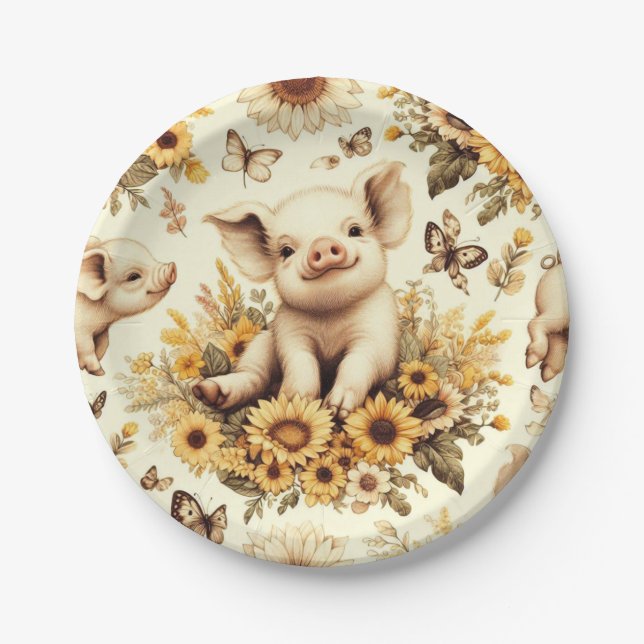 Cute Vintage Sunflower Pig Pattern Paper Plate (Front)