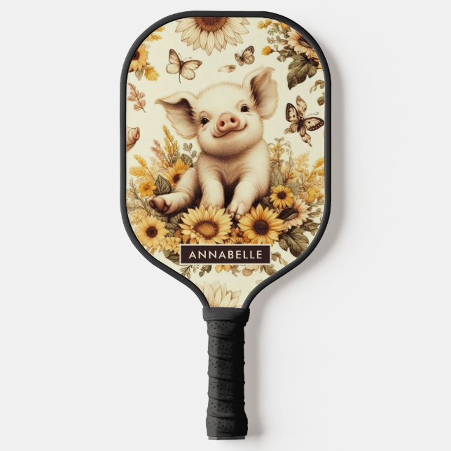 Cute Vintage Sunflower Pig Pattern Pickleball Paddle (Front)