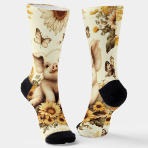 Cute Vintage Sunflower Pig Pattern Socks