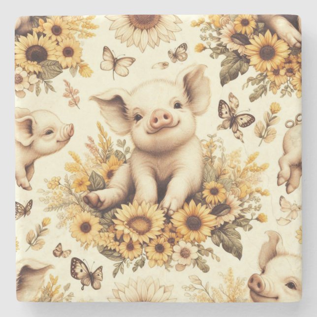 Cute Vintage Sunflower Pig Pattern Stone Coaster (Front)
