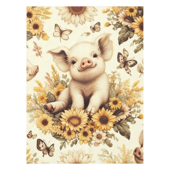 Cute Vintage Sunflower Pig Pattern Tablecloth (Front)