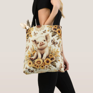 Cute Vintage Sunflower Pig Pattern Tote Bag