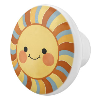 Cute Vintage Sunshine with Groovy Wavy Rays Ceramic Knob