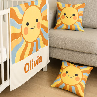 Cute Vintage Sunshine with Groovy Wavy Rays Throw Pillow