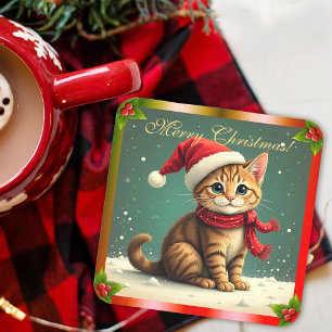 Cute Vintage Tabby Cat Christmas Coaster