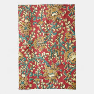 Cute Vintage Teal Red Indian Floral Pattern Kitchen Towel