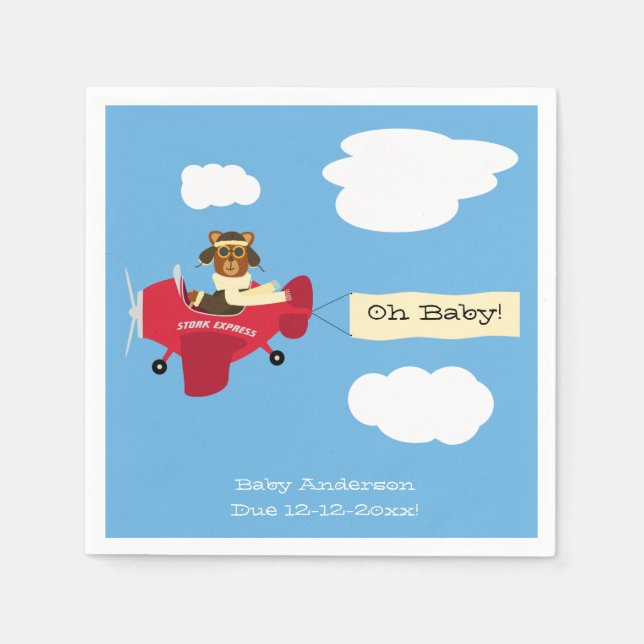 Cute Vintage Teddy Bear Pilot Baby Shower Napkin (Front)