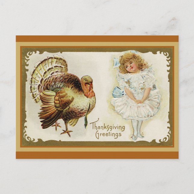 Cute Vintage Thanksgiving Greetings Turkey Postcard (Front)