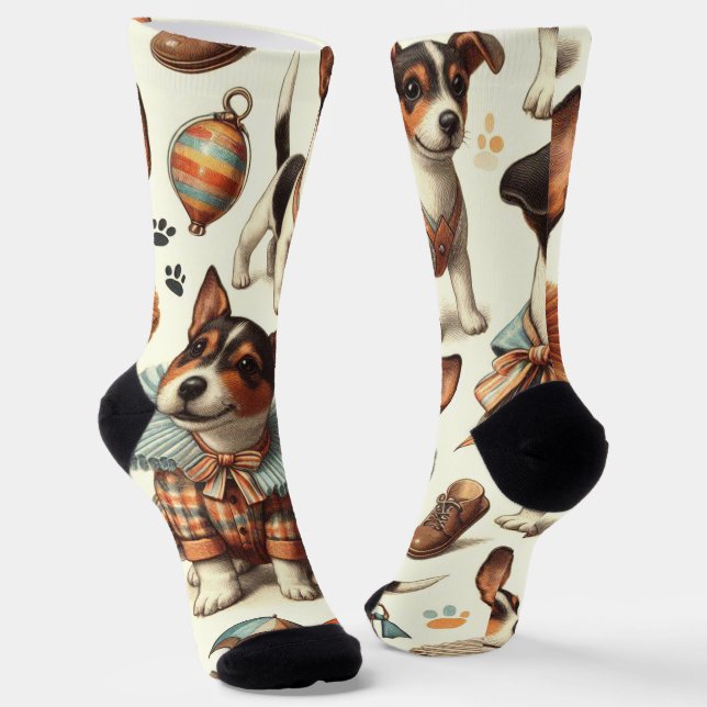 Cute Vintage Toy Fox Terrier Seamless Socks (Angled)