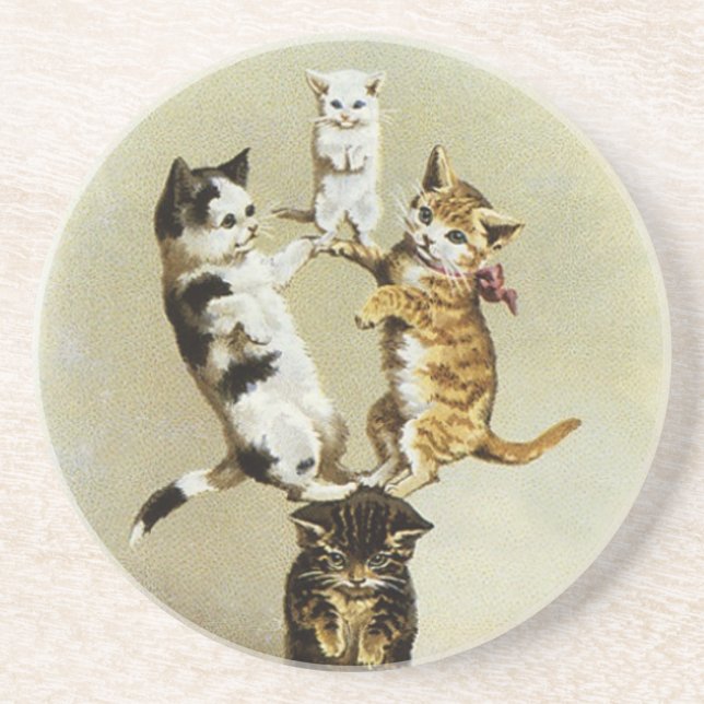 Cute Vintage Victorian Cats Kittens Playing, Coaster (Front)