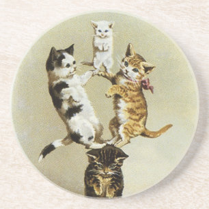 Cute Vintage Victorian Cats Kittens Playing, Humou Coaster