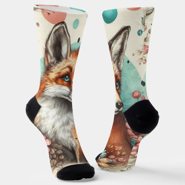 Cute Vintage Watercolo Fox Painting Socks (Angled)