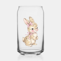 Cute Vintage Watercolor Bunny with Pink Bows Glass