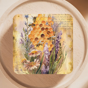 Cute Vintage Watercolor Honey Bee Honeycomb Coaster