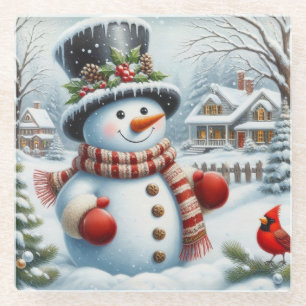Cute, Vintage/Whimsical Christmas/winter snowman Glass Coaster
