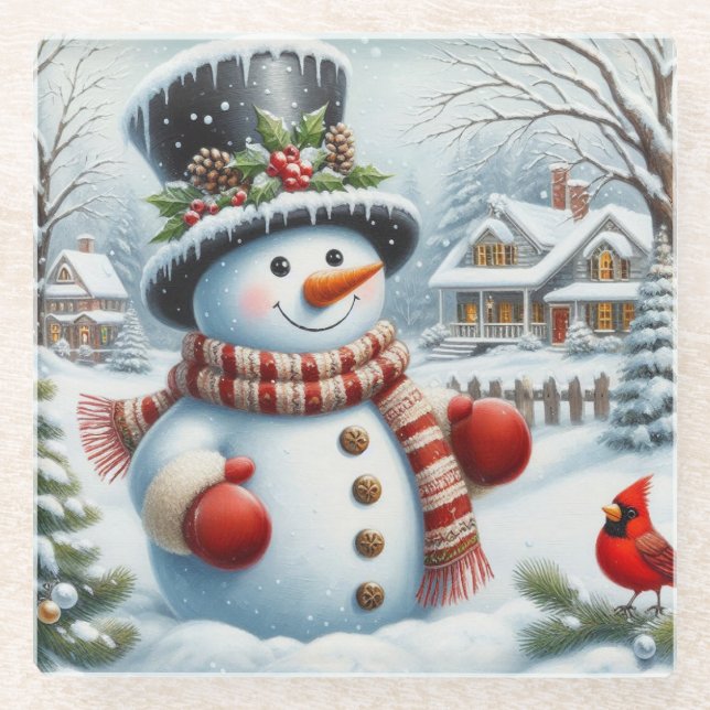 Cute, Vintage/Whimsical Christmas/winter snowman Glass Coaster (Front)