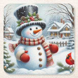 Cute, Vintage/Whimsical Christmas/winter snowman Square Paper Coaster