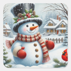 Cute, Vintage/Whimsical Christmas/winter snowman Square Sticker