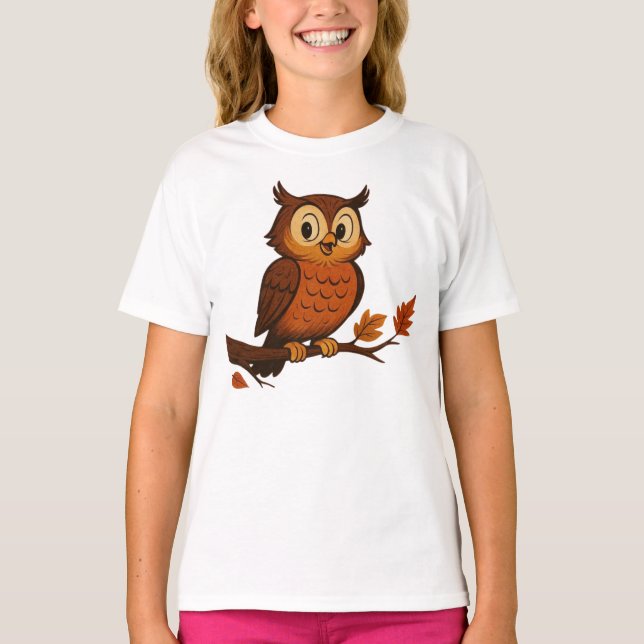 Cute, vintage whimsical fall/autumn owl T-Shirt (Front)