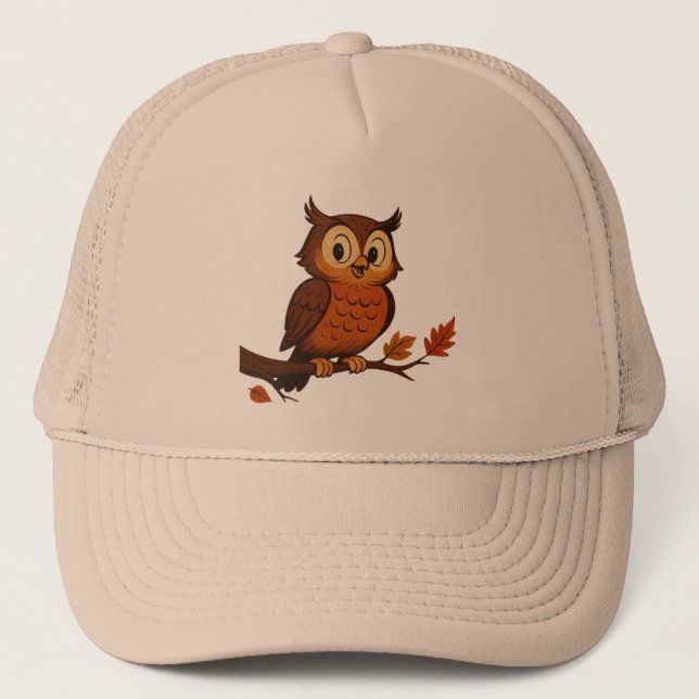 Cute, vintage whimsical fall/autumn owl trucker hat (Front)