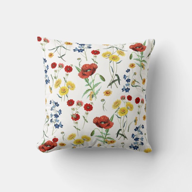 Cute Vintage Wild Flowers Poppy Daisy Pattern Throw Pillow (Front)