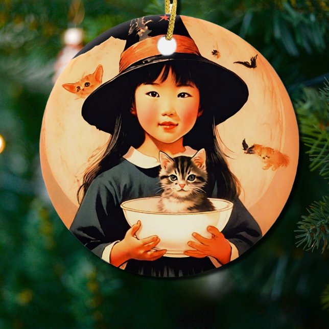 Cute   vintage witch  - Asian child  Ceramic Ornament (Creator Uploaded)