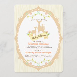 Cute Vintage Woodland Fawns Neutral Baby Shower Invitation