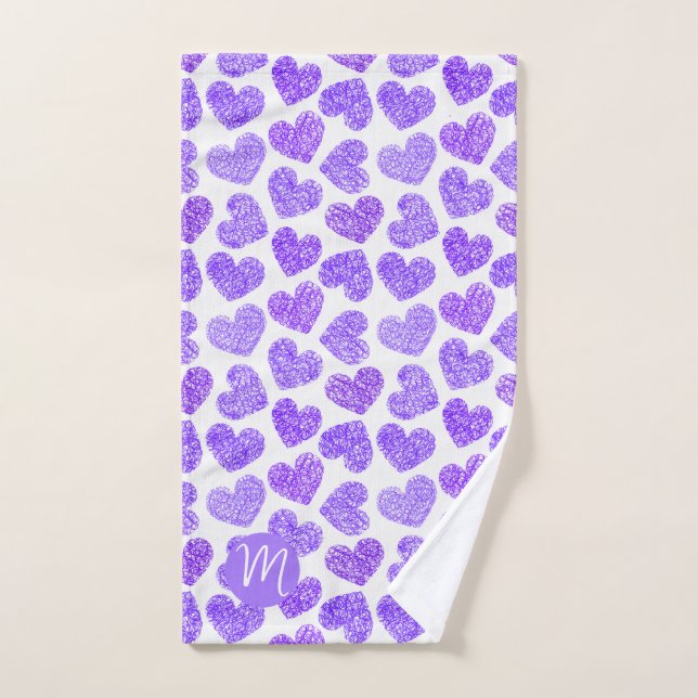 Cute violet Doodled Heart Saint Valentin Monogramm (Serviette à main)