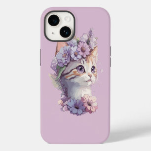 Cute Violet Watercolor Cat with Flora Case-Mate iPhone 14 Case