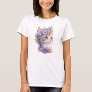 Cute Violet Watercolor Cat with Flora T-Shirt