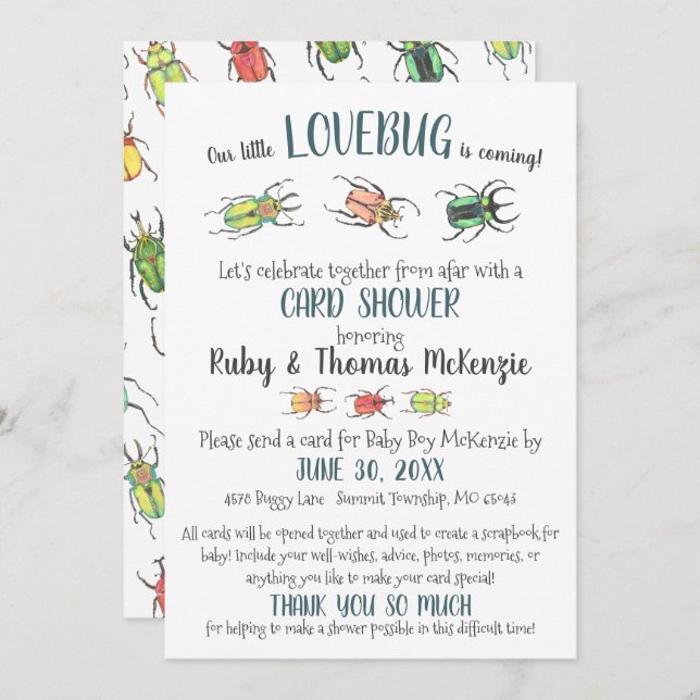 Cute Virtual Baby Card Shower Love Bugs Beetles (Front/Back)