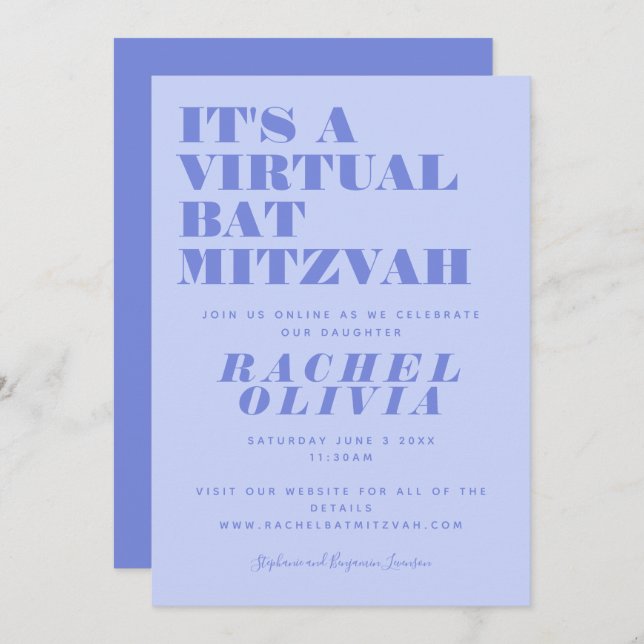 Cute Virtual Online Lavender Bat Mitzvah Invitation (Front/Back)