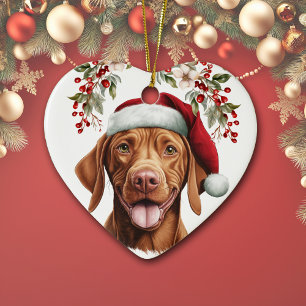 Cute Vizsla Dog Holly Berry Christmas Ceramic Ornament