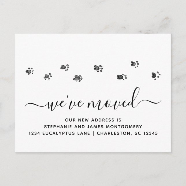 Cute Walking Paw Prints Modern Script Moving Announcement Postcard (Front)