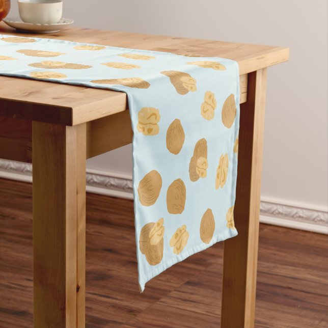 Cute Walnuts Nut Pattern Pastel Blue Short Table Runner (In Situ)