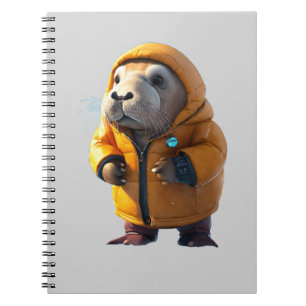 Cute Walrus in a Puffer Jacket Eating a Fish Notebook
