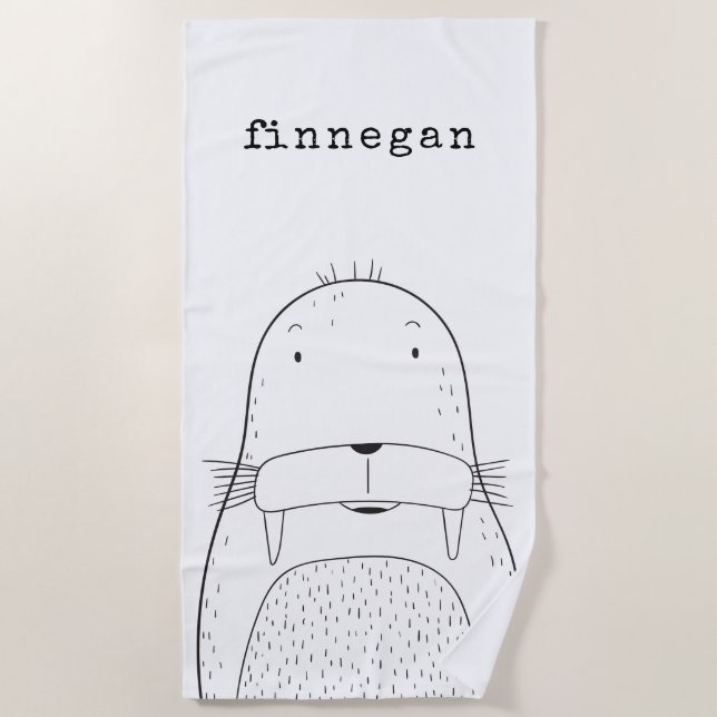Cute Walrus Line Art Drawing Personalized Name Beach Towel (Front)