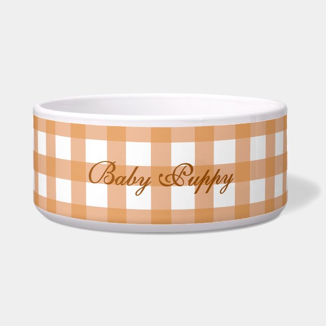 Cute Warm Orange Gingham Pattern Pet Bowl (Front)