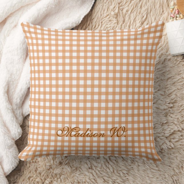 Cute Warm Orange Gingham Pattern Throw Pillow (Blanket)