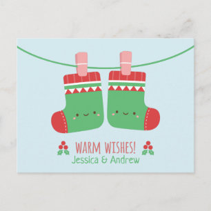 Cute Warm Wishes Christmas Stockings Couple Postcard
