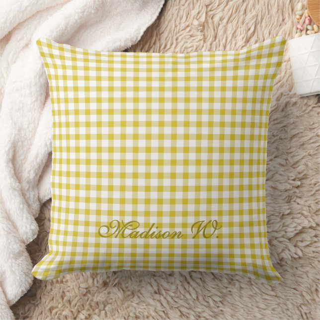 Cute Warm Yellow Gingham Pattern Throw Pillow (Blanket)