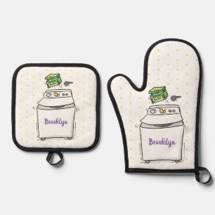 Cute washing machine laundry cartoon illustration oven mitt & pot holder set